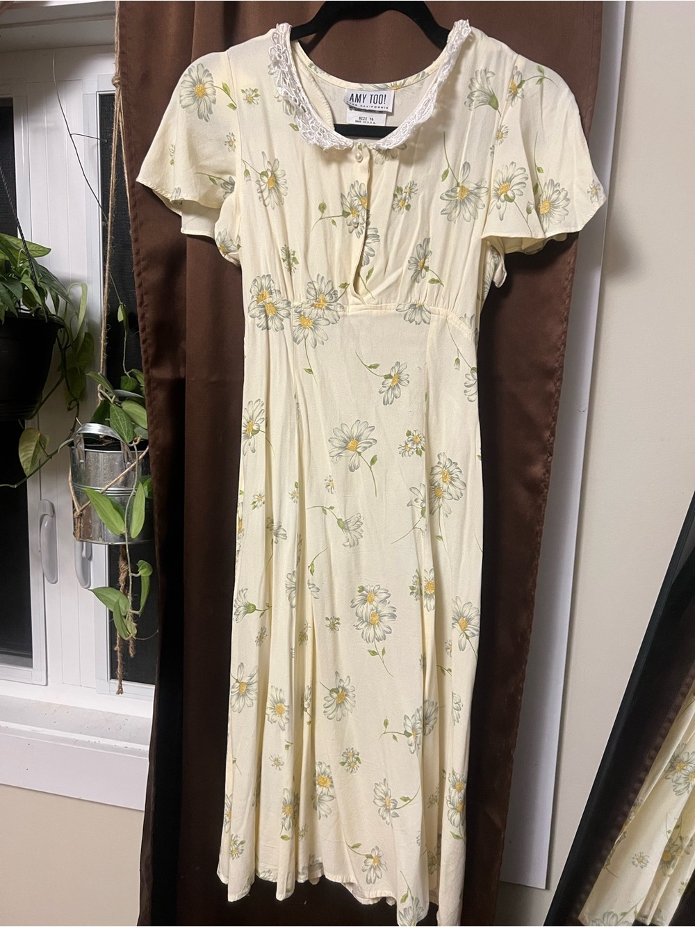 Vintage Cream Yellow Floral Daisy Sundress Lace Collar Cottagecore Small